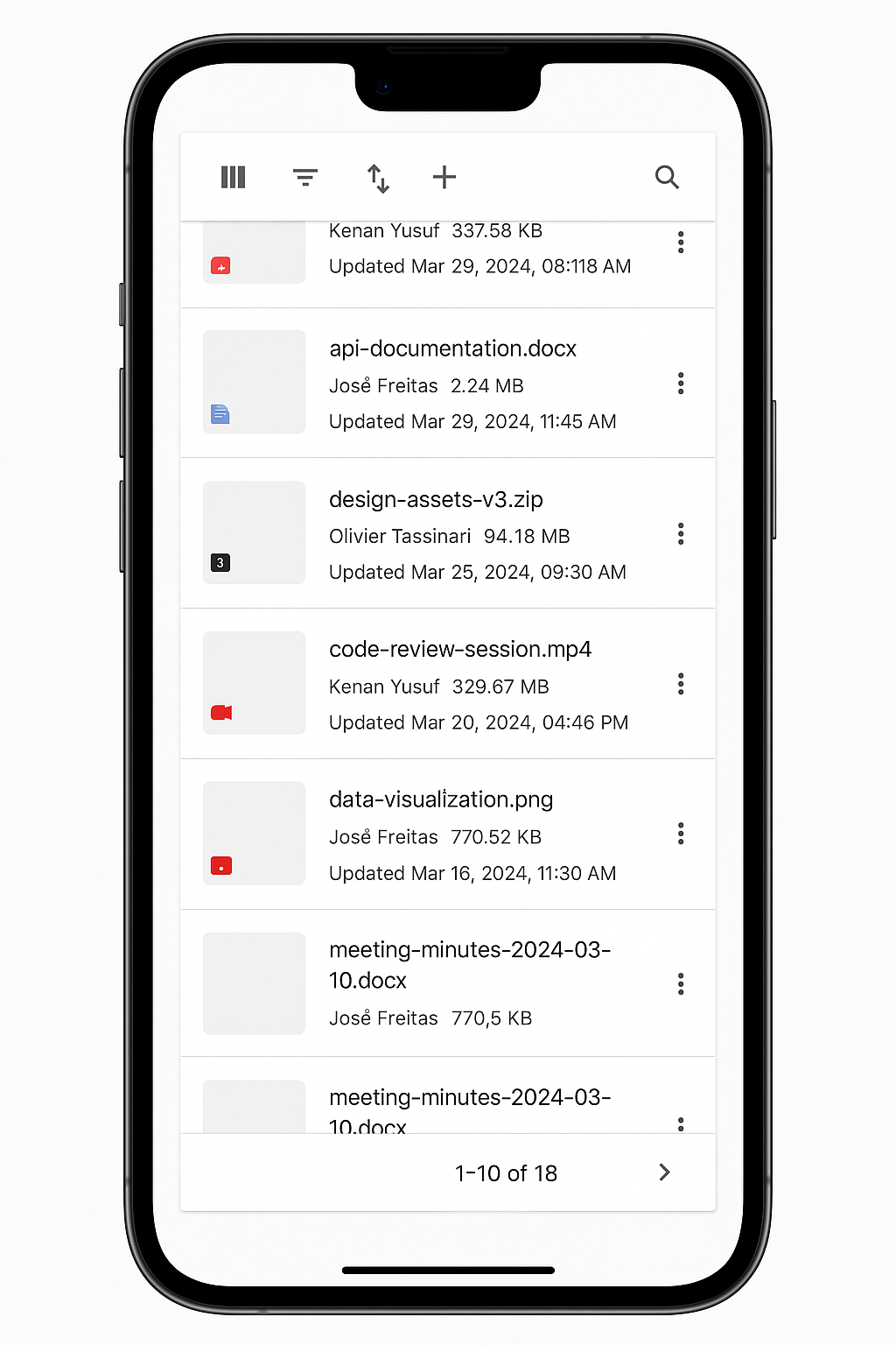 An example of a Data Grid's list view on a phone